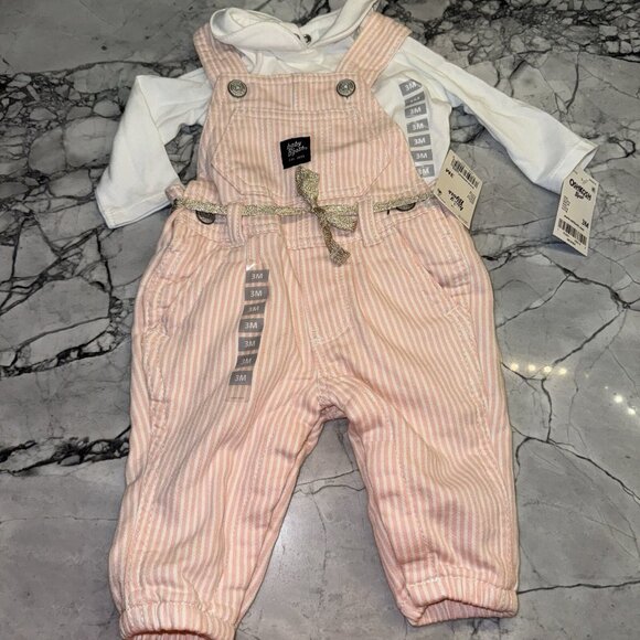 OshKosh B’gosh Other - Oshkosh Baby Girls 3 Months Pink Striped Overall Peter Pan Collar Bodysuit NEW